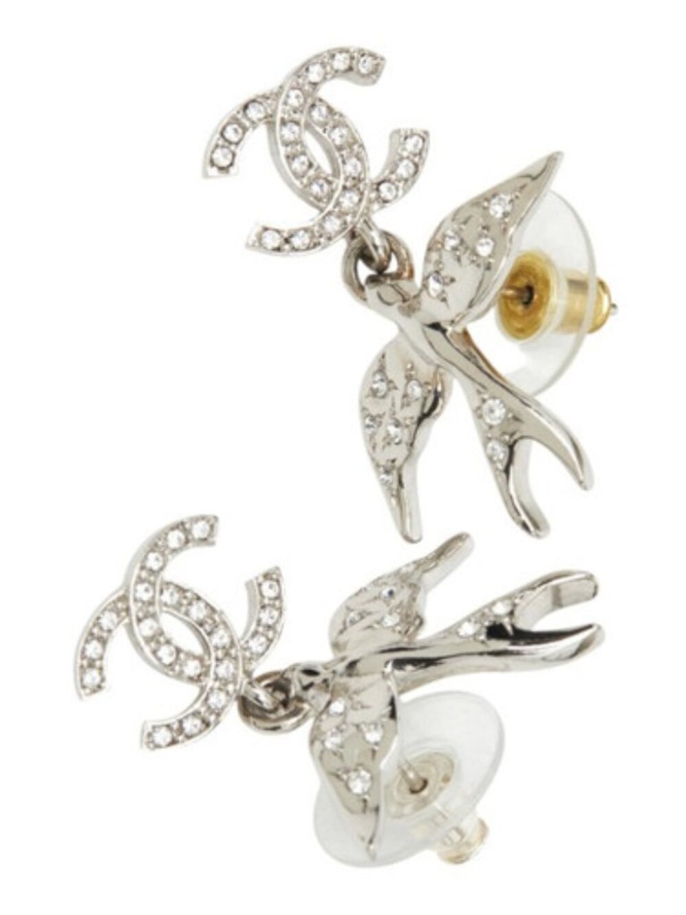 #175 - CHANEL Coco Mark Strass Bird Earrings Silver Tone Metal ABF759, C25S